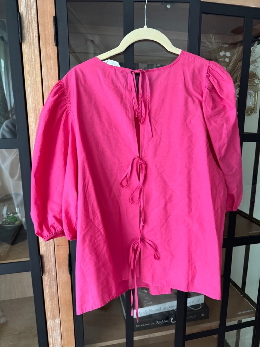 H&M blouse bows puff short sleeve cotton poplin tie back hot pink top flowy - Picture 3 of 8